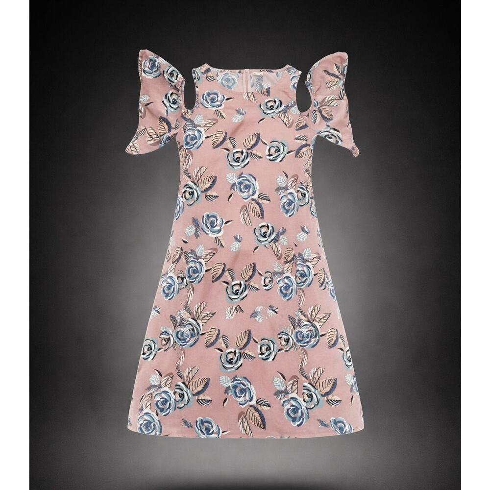 Womens Floral Cold Shoulder Dress Dusty Pink Blue Roses Flutter Sleeve Sz Large